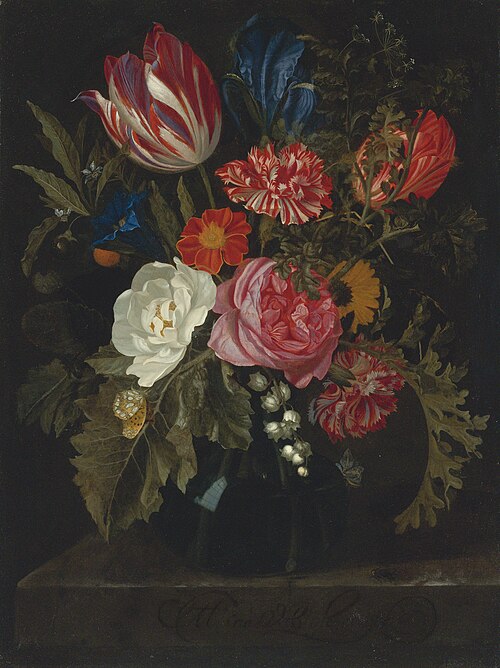 Flowers in a vase on a marble ledge, 1680, Maria van Oosterwijk