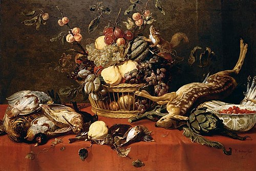 Still life of fruit in a basket together with game, a bowl of fraises-de-bois, artichokes, asparagus, 1635, Frans Snyders