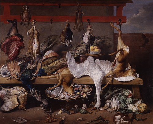 Table de cuisine avec gibier, poissons et légumes, 1634, Frans Snyders