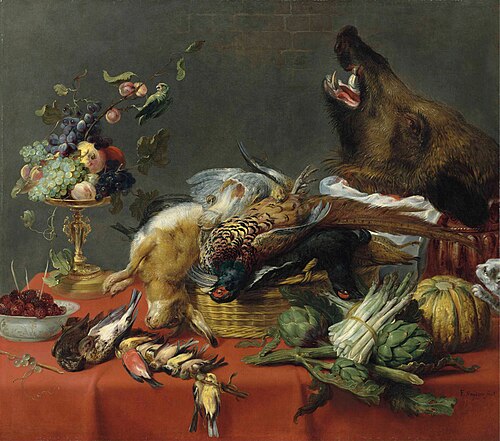 Draped table laden with game, fruit, vegetables and a boar's head, 1650, Frans Snyders