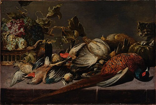Still life with a basket of grapes, fowl, and a cat on a table, 1627, Frans Snyders