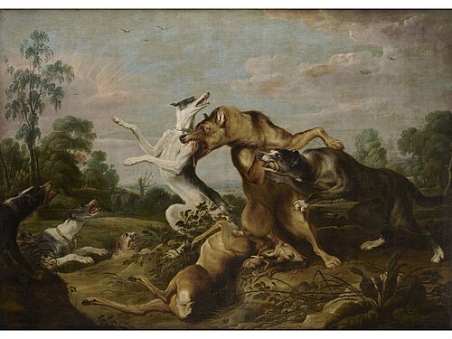 Fight between wolves and dogs, 1650, Frans Snyders