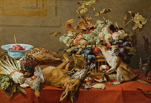 Still Life with Fruit, Dead Game, Vegetables, a live Monkey, Squirrel and Cat, 1637, Frans Snyders