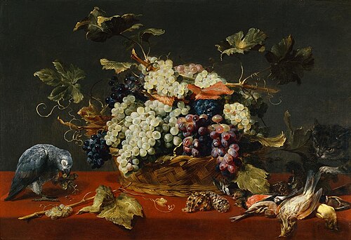 Traubenkorb mit Papagei und Katze, 1616, Frans Snyders