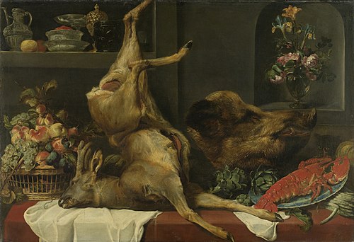 Still life with a deer, a boar's head, fruits and flowers, 1650, Frans Snyders