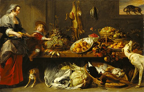 Kitchen Still Life with a Maid and Young Boy, 1650, Frans Snyders
