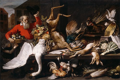 Still Life with Dead Game, Fruits, and Vegetables in a Market, 1614, Frans Snyders