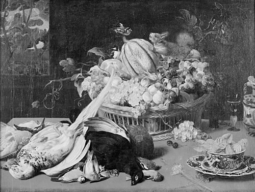 Still Life with Small Game, Basket of Fruit, Goldfinches and a Squirrel, 1625, Frans Snyders