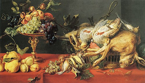 Game and fruit on a table, 1625, Frans Snyders