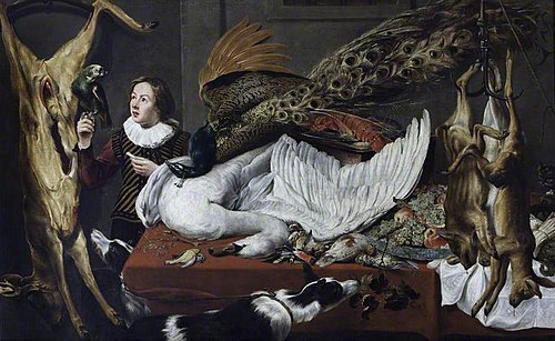 Hung Game with a Swan and a Peacock on a Table and a Page Holding a Parrot, 1613, Frans Snyders