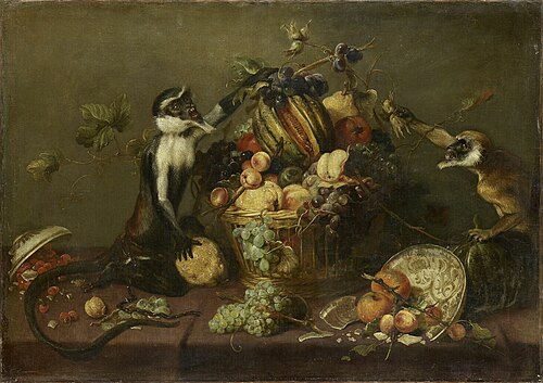 Two monkeys raiding a fruit basket, 1625, Frans Snyders