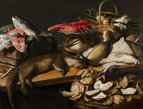 Stilleven met vis, groenten en een bever, 1610, Frans Snyders