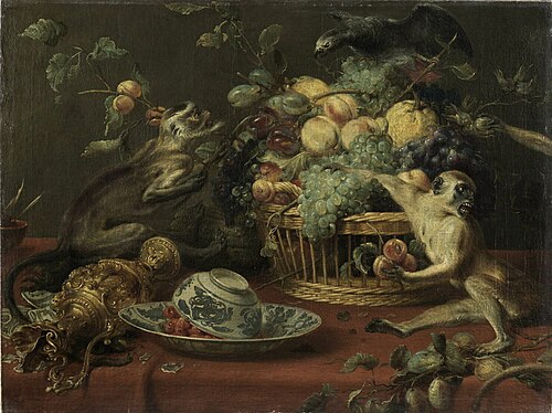 Monkeys and parrot near a fruit basket, 1635, Frans Snyders