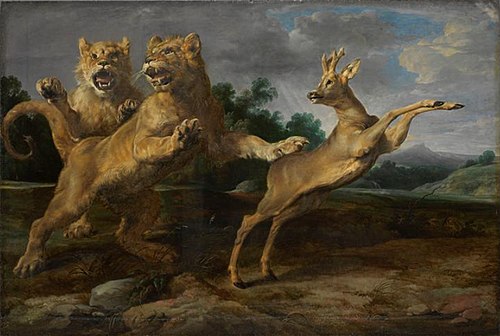 Two young lions chasing a roe, 1650, Frans Snyders