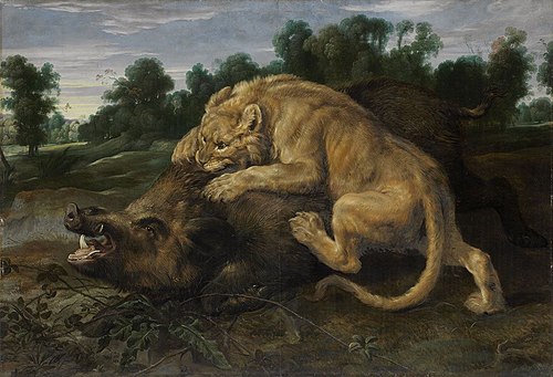 A lion killing a boar, 1650, Frans Snyders