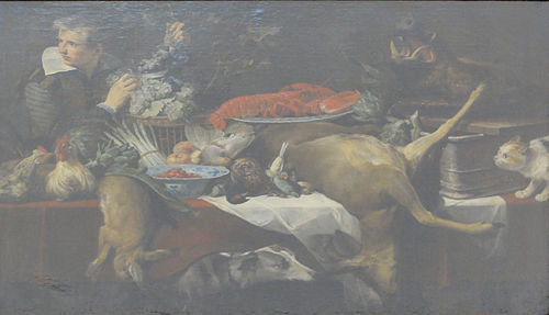 Kitchen scene with game and vegetables, with a serving boy holding a bunch of grapes, 1617, Frans Snyders