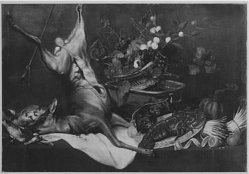 Still life with a dead roebuck, lobster and fruits, 1618, Frans Snyders