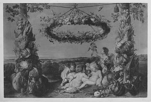 The little Jesus with the boy John and three angels, flanked by fruit trophies, 1618, Frans Snyders