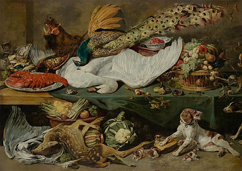Still-life with a Spaniel and her Pups, 1618, Frans Snyders