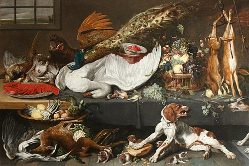 Larder with Dead Game, Swan and Lobster, Fruit, Vegetables and a Pointer Bitch defending her Puppies, 1628, Frans Snyders