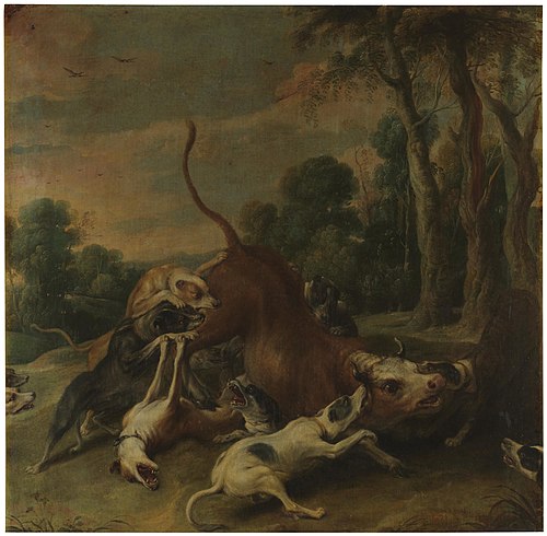 A bull overpowered by dogs, 1601, Frans Snyders