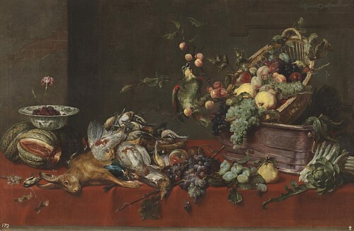 A still life with game, vegetables and fruit on a table, with a parrot on a branch, 1601, Frans Snyders