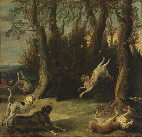 Dogs attacking a wild boar, 1601, Frans Snyders