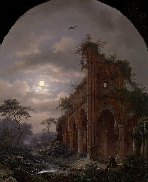 Monk Meditating near a Ruin by Moonlight, 1862, Fredrik Marinus Kruseman