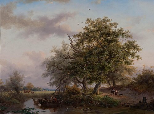 Zomerlandschap met vissersbootje op vijver, 1860, Fredrik Marinus Kruseman