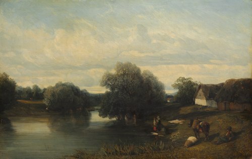 Cottage by the River with Washerwomen, 1835, Camille Flers