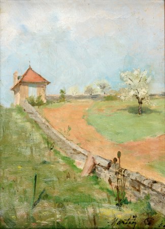Paysage, muret longeant une maison, 1882, Camille Martin