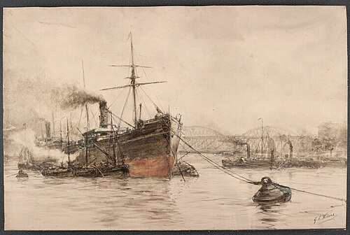 Een stoomzeilschip voor de Maasbruggen te Rotterdam, , George Lourens Kiers