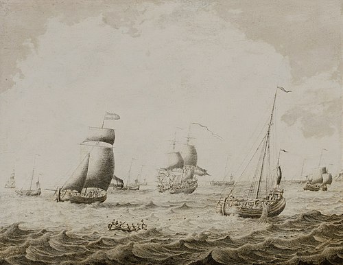 River Estuary with Sailing Ships, Fishing Boats, and a Rowing Boat in the Foreground, , Adriaen van Salm
