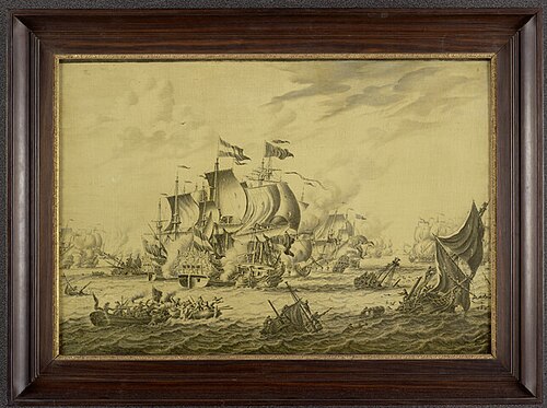 Een zeegevecht tussen Nederlandse, Engelse, en Franse oorlogsschepen, 1710, Adriaen van Salm