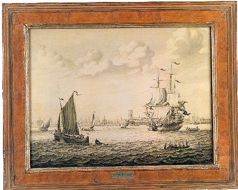 Gezicht op de Maas en de stad Rotterdam, met rechts een zeilende walvisvaarder, 1713, Adriaen van Salm