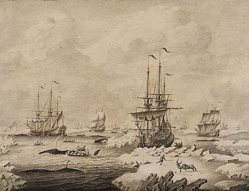 Penschilderij in grijstonen, met walvisvaarders in bedrijf, , Adriaen van Salm