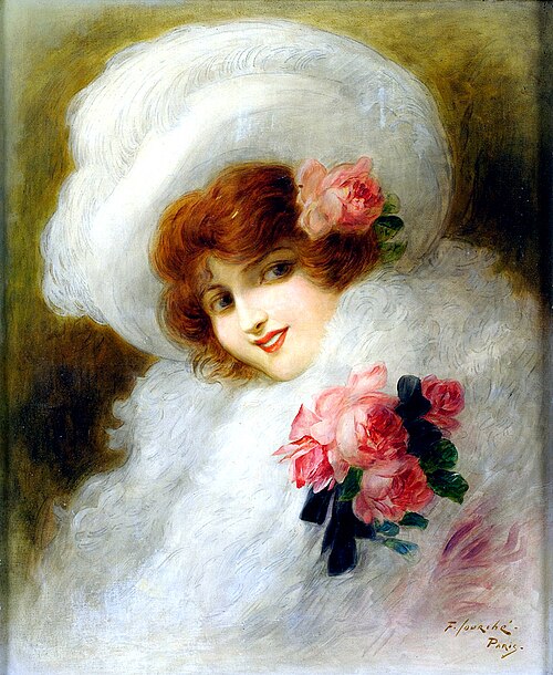 Dame in weißer Kleidung mit Rosen. Paris um 1900., 1900, Felix Courché
