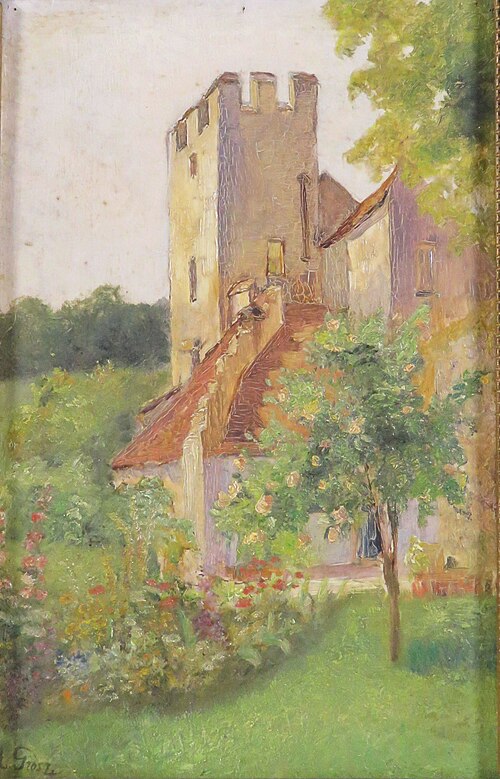 Burgzinnen mit Gebäudevorbau im Frühsommer, 1917, August Ignaz Grosz