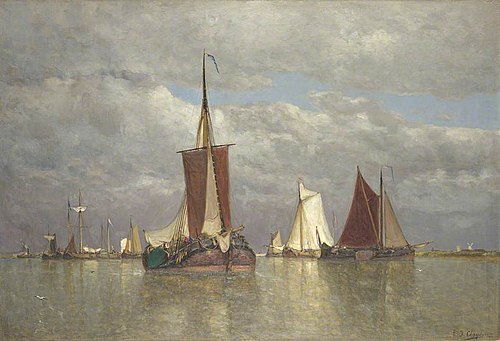 Ships lying near Dordrecht, 1870, Paul Clays
