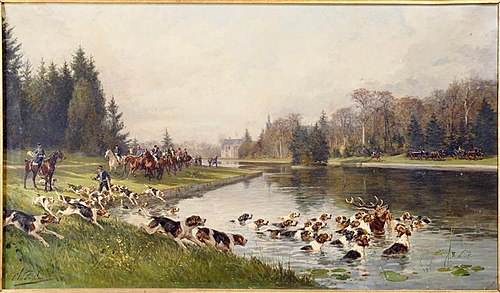 Hallali du cerf dans l'étang de Sylvie. Chasse du duc d'Aumale en 1880, 1880, Charles Olivier de Penne