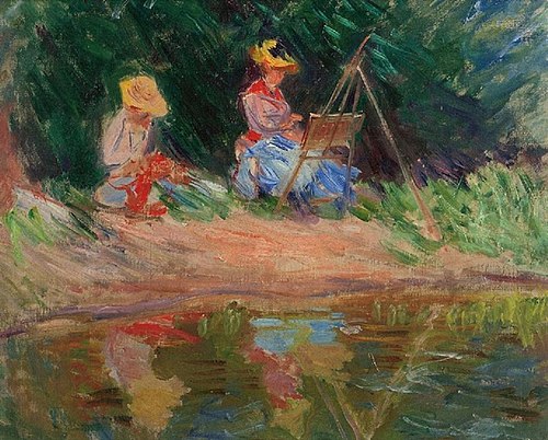 Blanche Monet peignant avec sa soeur Suzanne au bord de l'eau, 1887, Claude Monet