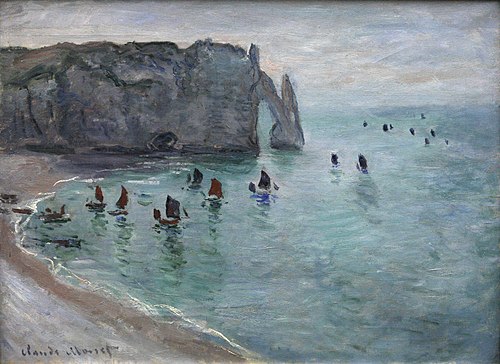 Étretat, la porte d'Aval : bateaux de pêche sortant du port, 1885, Claude Monet