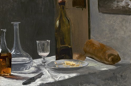 Still Life with Bottle, Carafe, Bread and Wine, 1862, Claude Monet