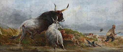 Alarmed: Cattle Chasing a Wild-Fowler, 1869, Charles Poingdestre