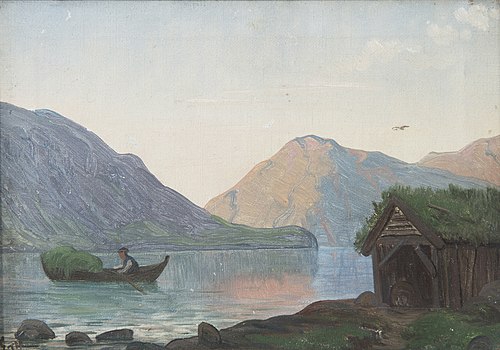 Fjordlandskap med mann i båt, , Christian Skredsvig