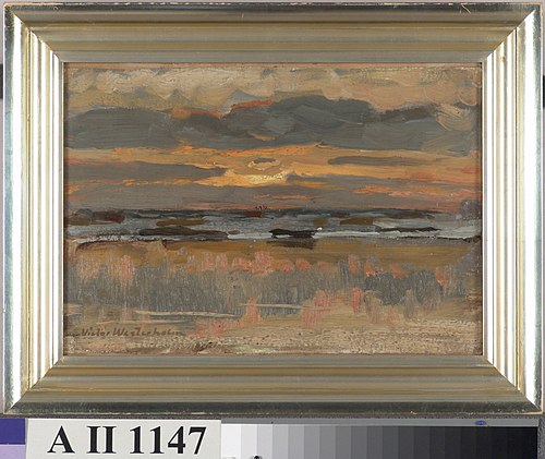 Solnedgång i moln vid havstranden, , Victor Westerholm