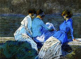lucille-rodier-gagnon-olive-and-edna-pretty-at-sainte-p-tronille-le-d-orl-ans, 1942, Clarence Gagnon