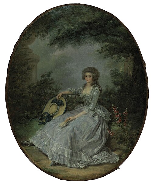 A young woman in a white dress seated in a park, a straw hat with blue ribbons in her right hand, 1817, Claude Hoin
