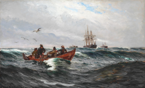 Fishermen at sea in their rowboat., 1910, Carl Locher