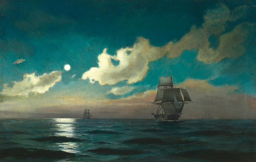 Sailing ships in the moonlight., 1875, Carl Locher